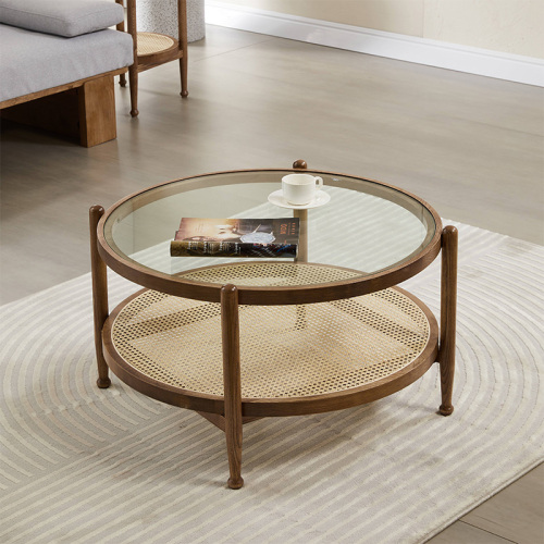 Mid-Century Modern Coffee Table Double Layers Glass Rattan Solid Wood Coffee Tables Manufactory