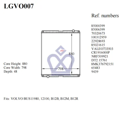 Volvo Bus Radiator, 85006399, 70320673, 22928693, 65483, LGVO007