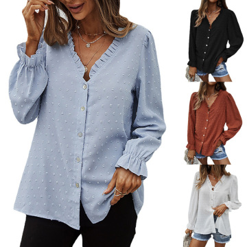 Spring New Casual Solid V-neck Loose Wood Ear Chiffon Cut Flower Women's Shirt