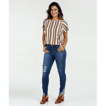 Encaje femenino en el hombro blusa a rayas superior