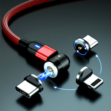 540 Rotating Magnetic Phone Charging Cable With Led Light, 3in1 Multiple Nylon Braided Magnetic Cable