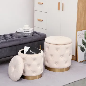 Round Velvet Ottoman Storage Stool with Buttons for Living Room