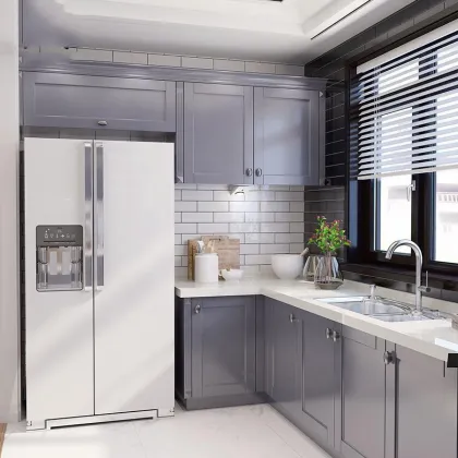 Simple Full Integral Stainless Steel Kitchen Cabinet with Island in Marble Countertop