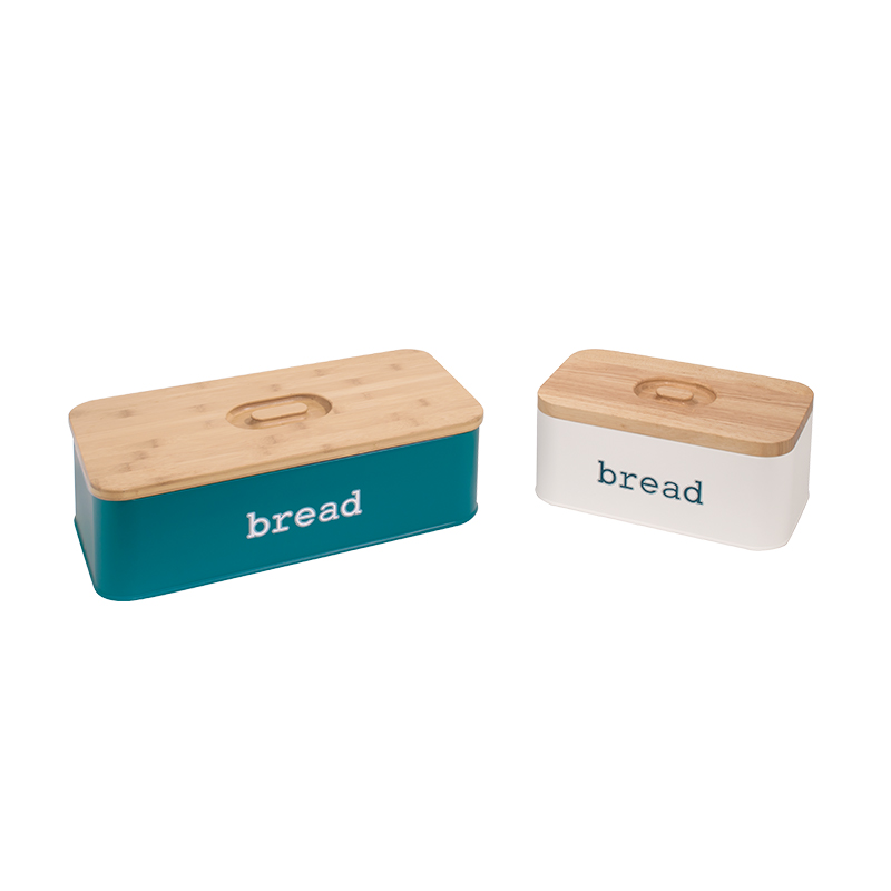 color bread box with bamboo cutting board