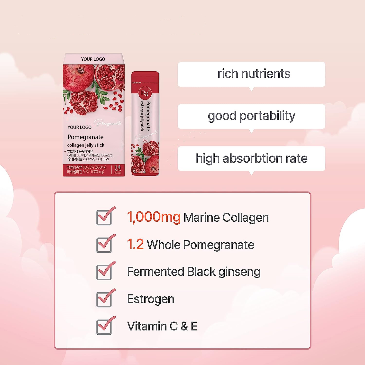 Private Label Collagen Skin Whitening Vegan Antioxidant Low Molecular Fish Collagen Supplement Pomegranate Collagen Jelly Stick