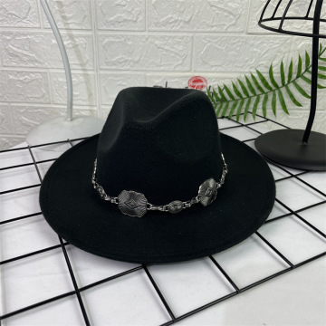 Panama Vintage Jazz Hut mit silberner Quadratkette - Gentleman Woll Flat Bim Hut