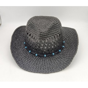 Sombrero de paja de papel de crochet de moda con hermosas cuentas