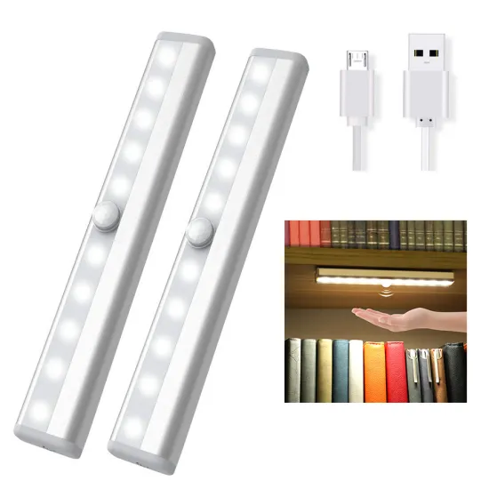 PIR Motion Sensor Under Cabinet Lights: 10 LED Night Lamp, USB Rechargeable Kitchen Light, Cupboard & Closet Lamp