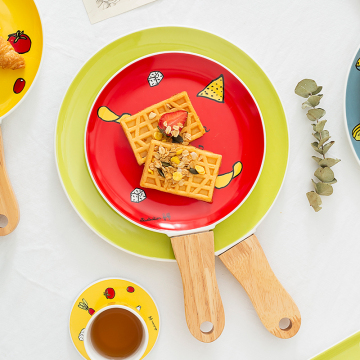 Ceramic Round Dinner Plate with Wooden Handle for Steak and Fruit