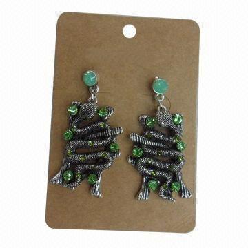 Snake Stud Earrings, Decorated with Green Crystals