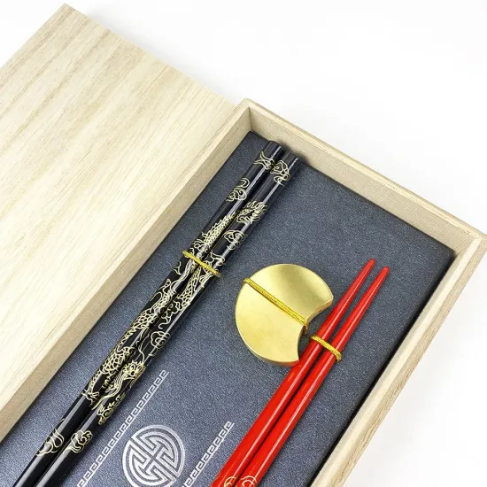 Luxury Custom Chinese Dragon Design Wood Chopsticks Set with Golden Holders - 2024 New Arrival