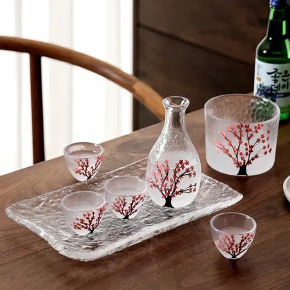 Hammerhead Frosted Sakura Sake Flask Set with Plum Wine Glasses - Wholesale