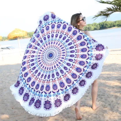 Green Peacock Feather Round Tapestry Beach Towel