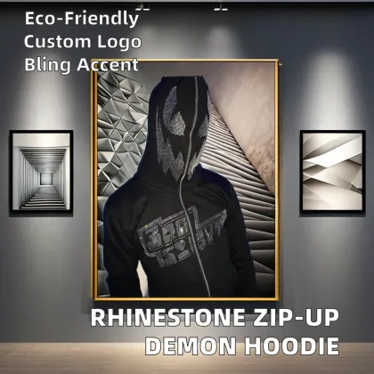 Verified Manufacturer Custom Full Zip Up Rhinestone Demon Face Hoodie