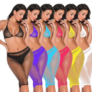 Sexy Frauen-Strass-Fischnetz-BH und Shorts Set mit durchsichtigen Dessous