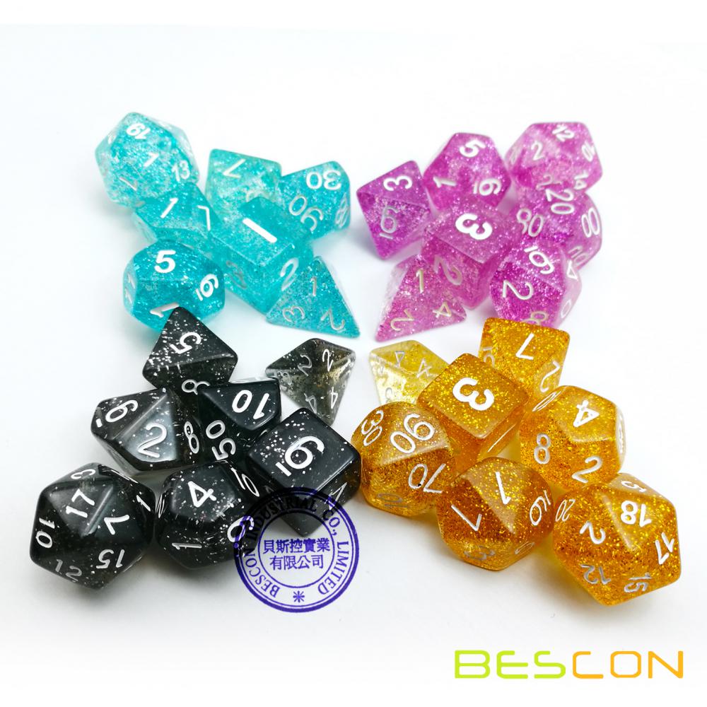 Bescon Surtido de colores Glitter Polyhedral Dice conjunto de 7pcs, Glitter RPG Dice Set