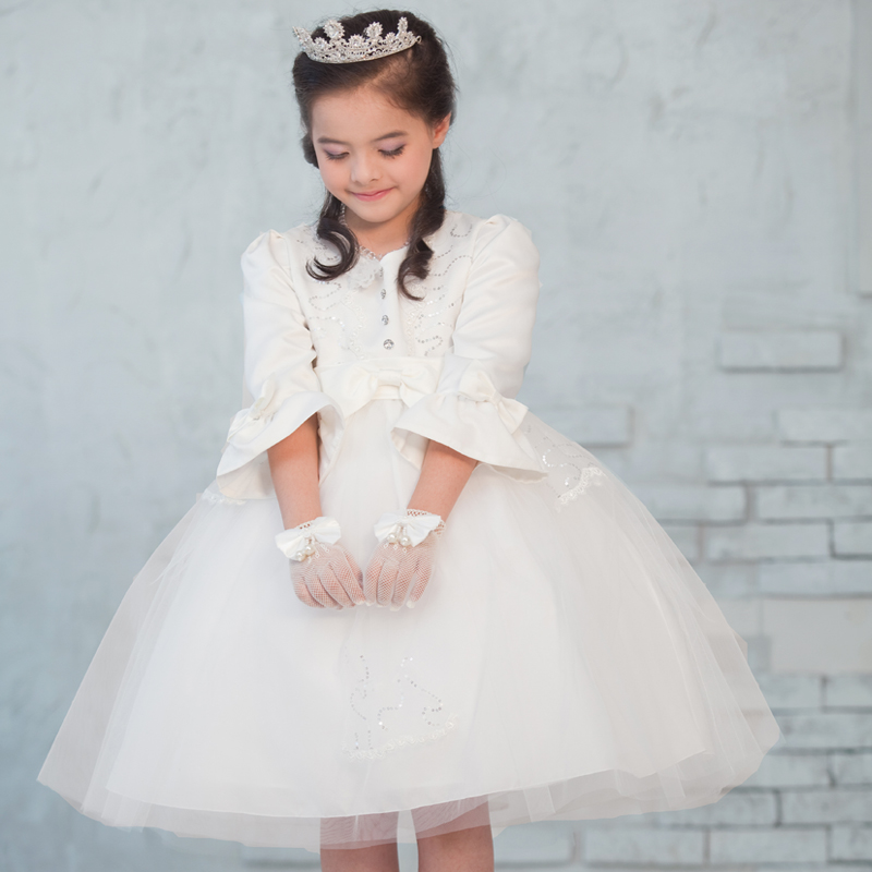 Lovely Satin Tulle Long Sleeve Scoop Bow Knot Short Ball Gown Winter Flower Girlsdresses (MQ 1014)