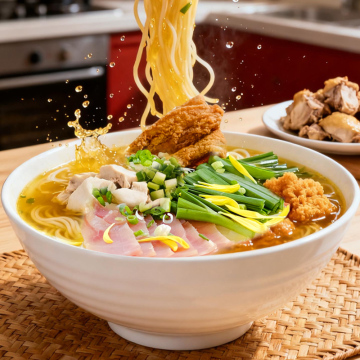 Cross-Bridge Rice Noodles with Chrysanthemum & Cured Ham