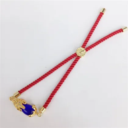 Vintage Style 18k Gold Plated Pixiu Bracelet with Real Gemstones: Red String, Purple, Green Jade, and Lucky Money Symbol for Feng Shui