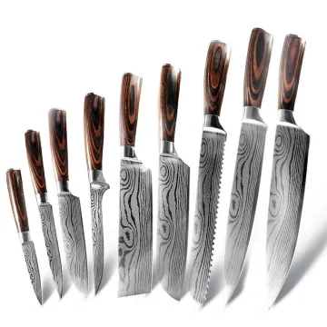 High Carbon Steel 7CR17, 440C Damascus Patterned Slicing Santoku Knife Set: 9pcs Japanese 8-inch Kitchen Chef Knives