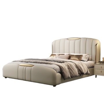 Light Luxury Wooden Double & King Size Beds with Leather Upholstered Backrest in Bedroom Furniture Set