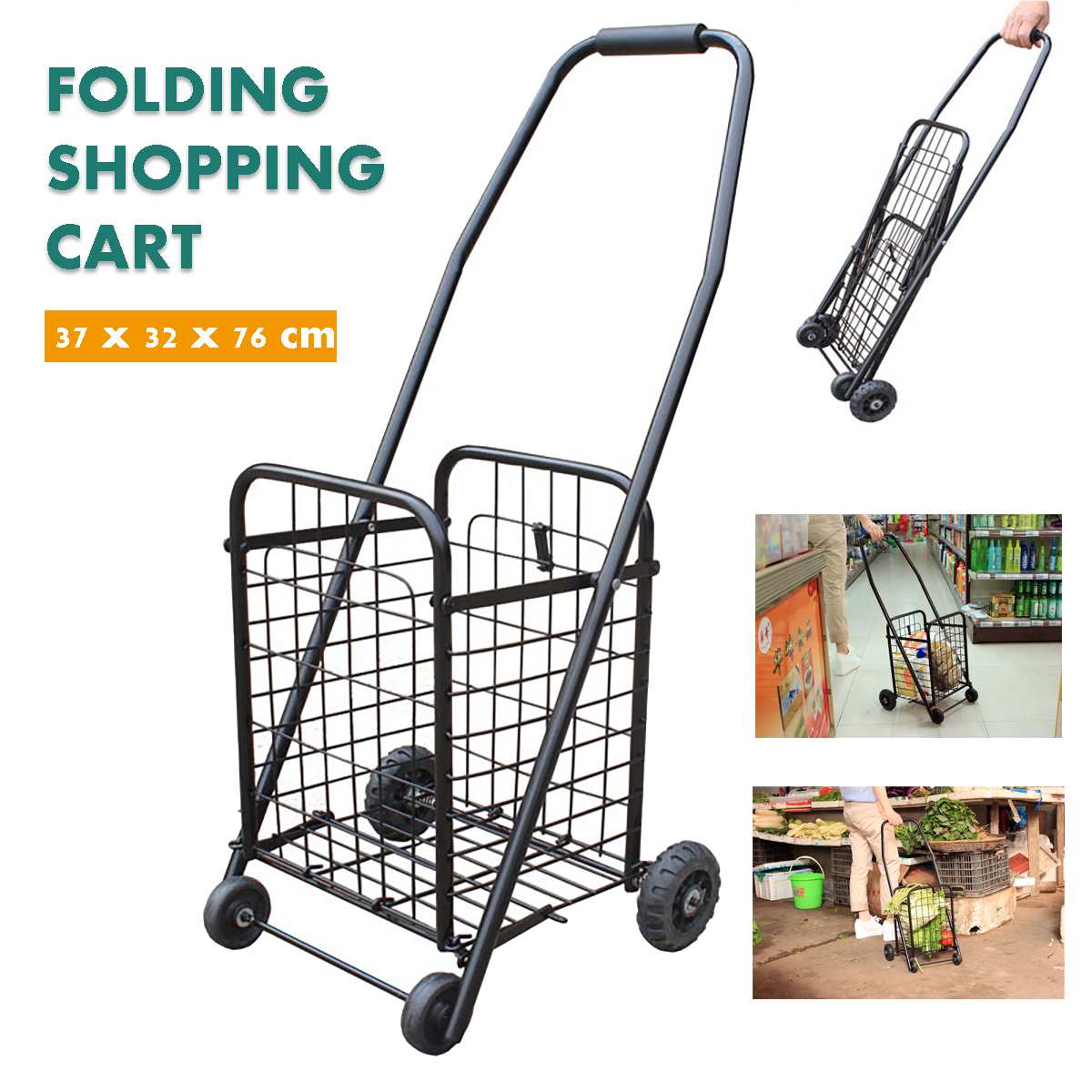 Black Portable Folding Shopping Cart Trolley Basket Grocery Travel Shopping Supermarket Folding Trailer 25KG Bearing 37x32x76cm