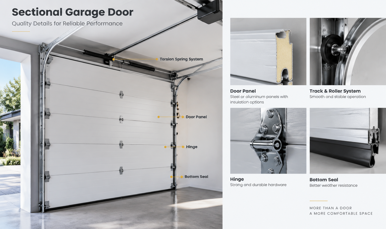 Sectional garage door panel and hardware system details