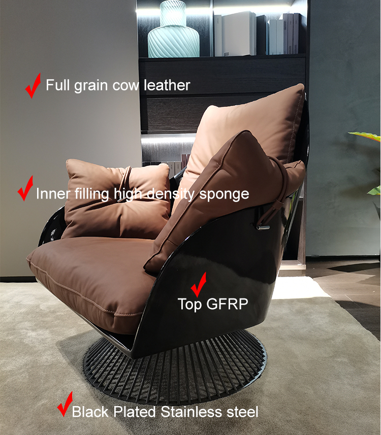 Rotatable home office study metal base beauty living room chair brown leather armchair Modern leather chair