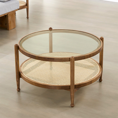 Mid-Century Modern Coffee Table Double Layers Glass Rattan Solid Wood Coffee Tables Manufactory