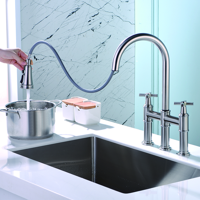 Transitional Bridge Kitchen Faucet with Pull-Down Sprayhead