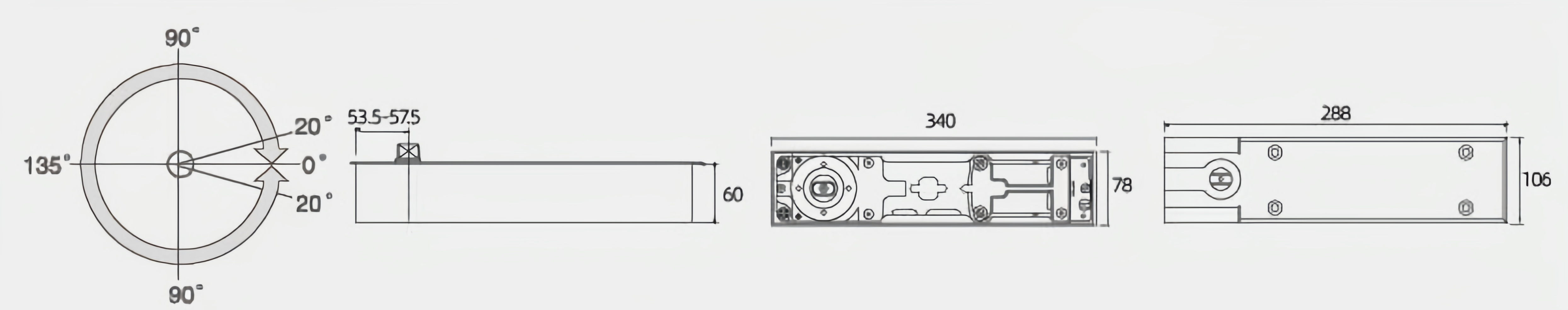 Floor spring dimensional drawing with opening angle and body size reference