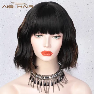 Aisi Hair Short Bob Mixed Black Brown Wig With Neat Bangs Body Wave Short Wavy Wig Heat Resistant Synthetic Fiber Wigs For Women