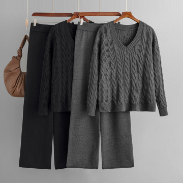 2023 Autumn Winter Women's Casual Knitted Suit: V-Neck Pullover with Wide Leg Pants and Bow