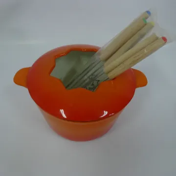 Orange Enamel Cast Iron Fondue Pot Set