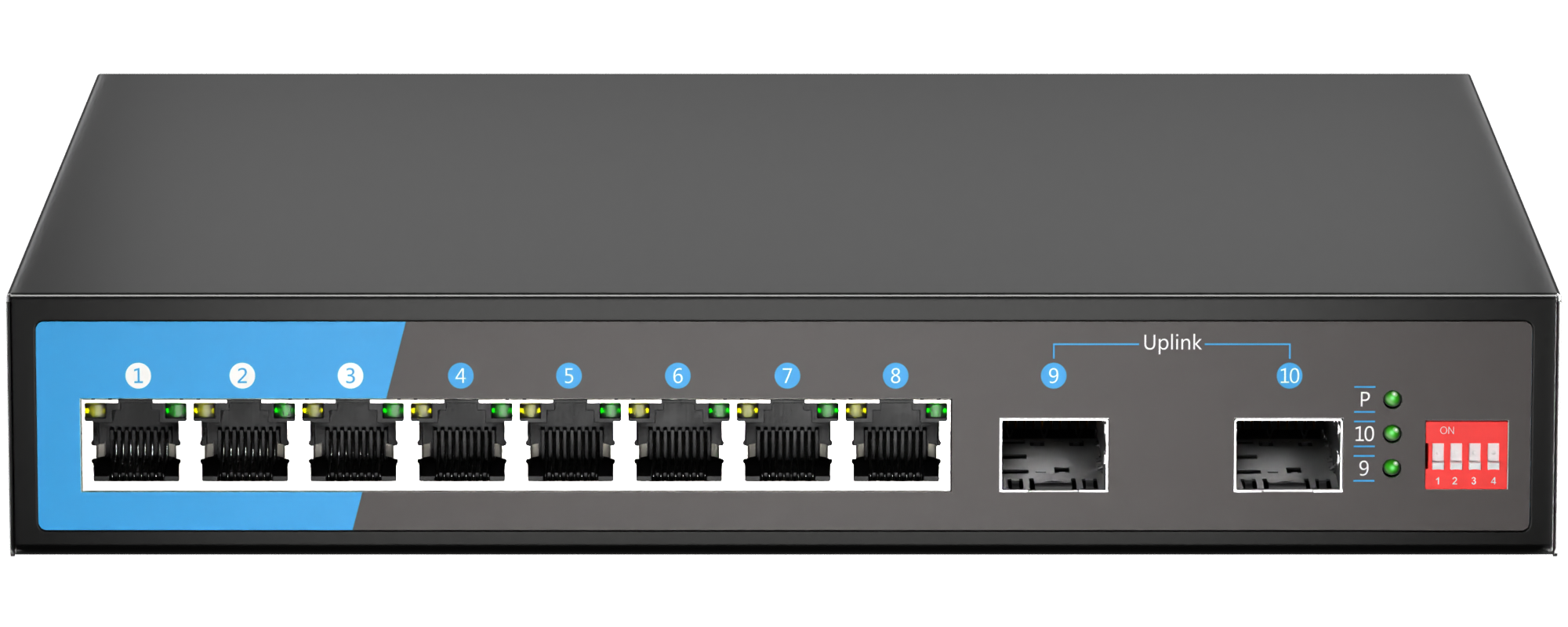 L2+ Switch cumprido Gigabit Full 2 ​​× SFP+ 8 × GE Portas