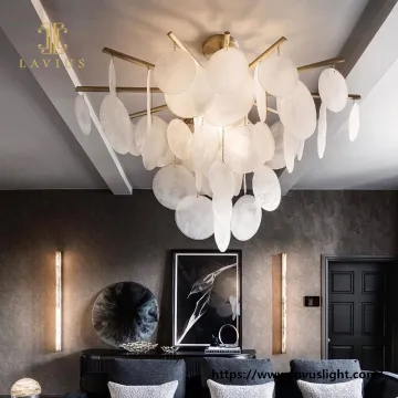 Frosted crystal round flakes adjustable length gold brass modern design chandelier & pendant light