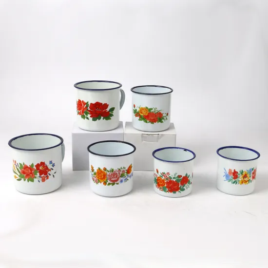 Classic Daily Kitchenware White Mug with Flower Printed Enamel Cup