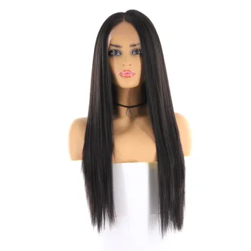 Wholesale  Long Middle Part Yaki Straight Lace Front Wig With Natural Hairline Medium natural Color Synthetic Hair Wigs For Wome