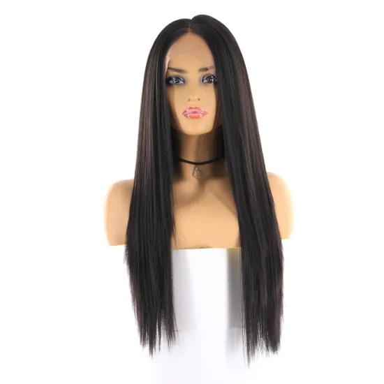 Wholesale  Long Middle Part Yaki Straight Lace Front Wig With Natural Hairline Medium natural Color Synthetic Hair Wigs For Wome
