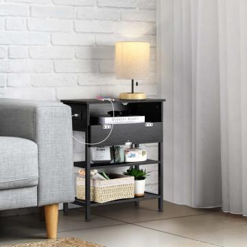 Black Multifunctional Bed Side Table with Charging Ports