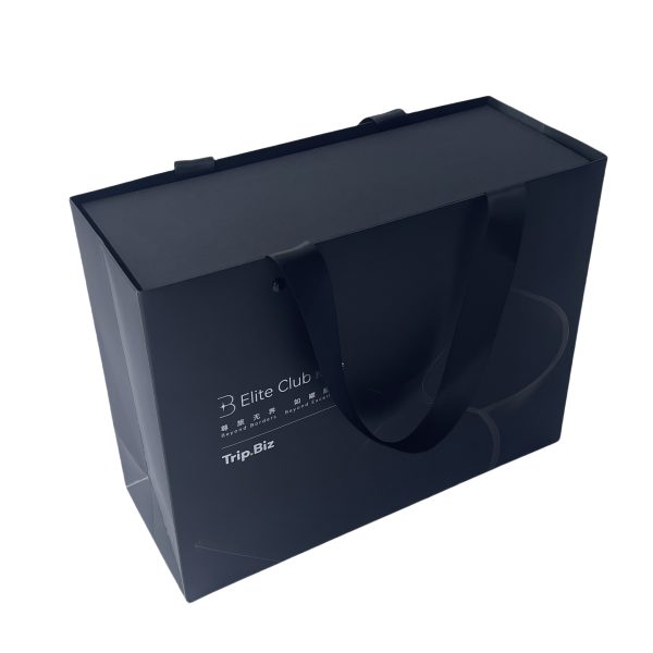 Ribbon Handle Black Paper Bag for Boutique Clothing