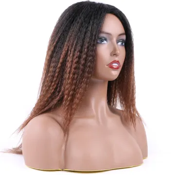 Ombre Wigs Afro Fluffy Yaki Kinky Straight Synthetic Perm Marley Hair Wig Non Lace Machine Sewing Wig 14inch