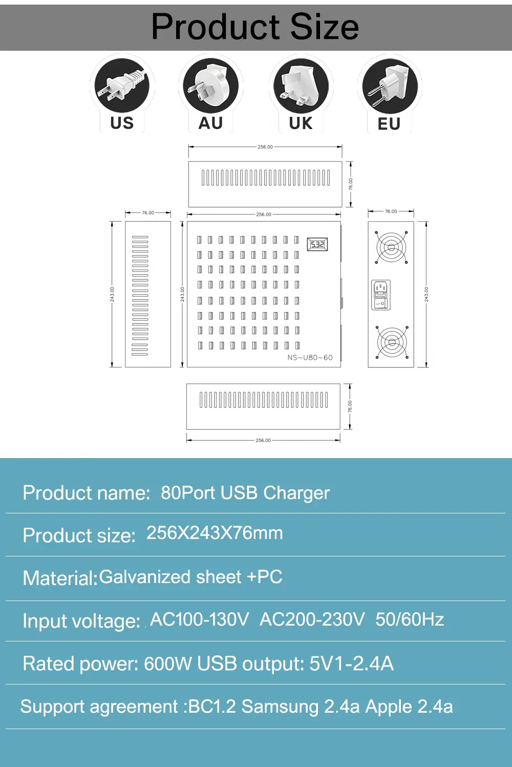 80 Port usb charger 800W Product Specification Dimension 80 Port usb charger 800W Product Specification Dimension