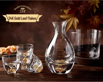 24K Gold Leaf Sake Set - Freezer Safe Crystal Sake Glasses & Carafe
