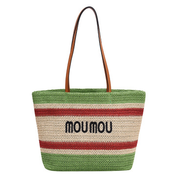 Custom Logo Fashionable Large Natural Summer Beach Bag Straw Shopping Bag with Long PU Leather Handle for Women Girls