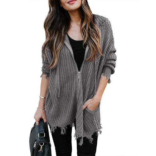 Frauen Distressed Cardigan Pullover mit Kapuze mit Zip -up