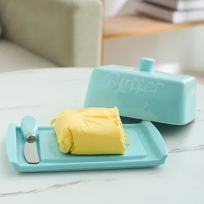 Blue Ceramic Butter Dish with Lid - Porcelain Butter Dish with Cutting Measurements and Knife