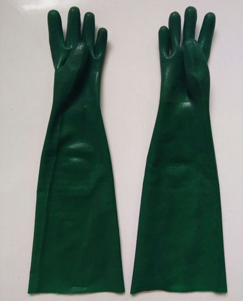 Green PVC gloves sandy finish cotton liner 60cm