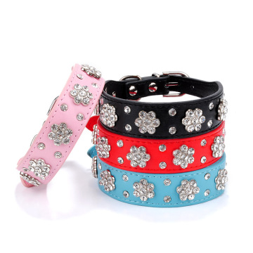 Luxury Designer Bling Flower Rhinestone Adjustable Leather Dog Collar