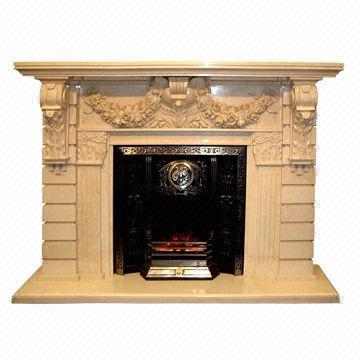 Yellow Marble Hand Carved Fireplace Mantel for Sale